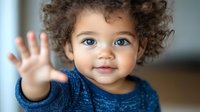Mixed race toddler with curly hair and bright blue eyes wearing navy sweater waves hello with cheerful expression against soft blurred background.