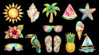 Colorful summer clipart set with sun, shell, palm, watermelon, starfish, hibiscus, toucan, sunglasses, flip flops, pineapple, ice cream, sailboat, isolated on transparent background.