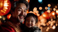 Asian father and daughter celebrating Chinese New Year with traditional red clothing and warm bokeh lights creating festive holiday atmosphere.