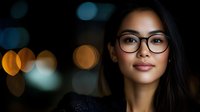 Young Asian businesswoman wearing stylish eyeglasses against blurred city lights background at night, professional corporate portrait for modern workplace.