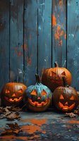 Glowing jack o'lanterns with carved faces against weathered teal wooden wall background with autumn leaves and orange paint splatters create spooky Halloween mood.