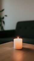 Burning white candle with warm flame on wooden table in cozy living room interior with sofa and plant creating peaceful ambiance for relaxation and meditation.