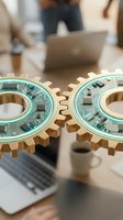 Two interlocking gears with circuit board patterns and turquoise accents on brass teeth, displayed on office desk with laptop and blurred team members, symbolizing technology integration and teamwork.