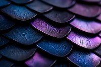 Macro shot of iridescent scales with blue and purple metallic sheen creating abstract pattern. Natural texture background for creative design projects.