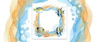Watercolor ocean frame with tropical fish, coral and seaweed on white background. Marine border design for invitations, cards and summer projects.