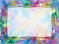 Watercolor rainbow gradient background with metallic gold frame border and empty space for text or design projects.