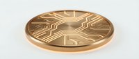 Golden coin with circuit board pattern and technological design on white background, isolated for digital currency and blockchain concepts.