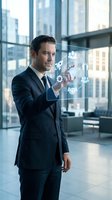 Professional businessman in dark suit interacting with holographic digital interface icons in modern office with city skyline view through windows.