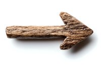 Rustic wooden arrow made from natural driftwood pointing right on white background, isolated object for design projects and creative layouts.
