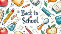 Colorful hand drawn school supplies pattern with pencils, apples, books and stationery items on white background. Back to school seamless design for educational materials.