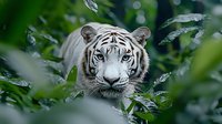 Rare white Bengal tiger with piercing blue eyes peering through lush green foliage in natural habitat, creating mysterious and dramatic wildlife scene.