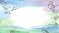 Watercolor bird frame with eagle, owl, hummingbird and songbirds on pastel background for nature designs and wildlife projects.