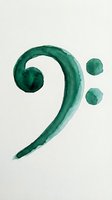 Green watercolor bass clef musical symbol isolated on white background, suitable for music education, concert posters, and design projects.