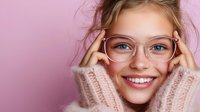 Young blonde woman wearing glasses and cozy pink sweater smiling with natural makeup against pink background, beauty and fashion portrait with copy space.
