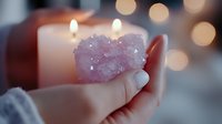 Pink rose quartz crystal cluster held in gentle fingers against glowing candlelight background with soft bokeh lights creating magical spiritual atmosphere.