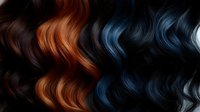 Luxurious wavy hair texture in contrasting dark brown, copper and blue tones against black background, showcasing modern hair coloring and styling techniques.