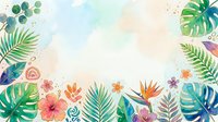 Watercolor tropical foliage and flowers frame with blank center space, featuring monstera leaves, palm fronds, and colorful blooms for design projects.