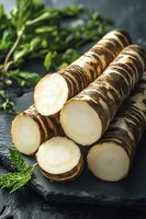Fresh parsnip roots sliced on dark slate board with green herbs, organic winter vegetables for healthy cooking and nutrition recipes.
