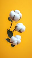 Natural cotton flowers with green leaves on bright yellow background, minimalist composition for textile industry and organic materials promotion.