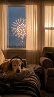 Golden retriever wearing headphones rests on cozy blanket in warm living room while watching fireworks display through window at night for entertainment and relaxation.