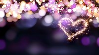 Glowing heart shape made of sparkling golden particles against dark purple bokeh background with blurred lights and magical effect. Romantic atmosphere.