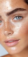 Close-up portrait of young woman with natural freckles, blue eyes, and dewy glowing skin showing fresh natural beauty makeup and flawless complexion.