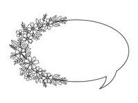 Elegant floral oval frame with delicate flowers and leaves, black line art on white background. Decorative border for wedding invitations, greeting cards.