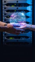 Hand holding glowing digital brain with circuit patterns in server room environment. Represents artificial intelligence, technology innovation, and data processing for tech industry applications.
