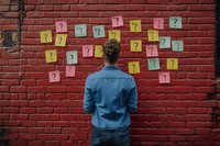 Young man in blue jacket looking at colorful sticky notes with question marks arranged on red brick wall, representing problem solving and decision making process.