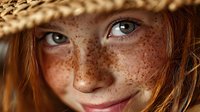 Young redhead woman with freckles wearing straw hat smiling at camera. Natural beauty portrait with warm lighting for lifestyle and fashion content.
