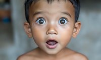 Close up portrait of young Asian boy with surprised expression and wide open eyes showing wonder and amazement, emotional childhood moment captured against soft background.