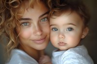 Young Caucasian woman with curly blonde hair and blue eyes holding sweet toddler girl with matching eyes in tender emotional moment against blurred background.