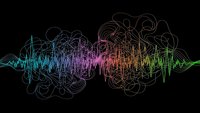 Colorful sound wave visualization with flowing lines and swirls on black background for audio technology and music production design projects.