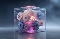 Transparent cube with illuminated mechanical gears inside, showcasing engineering innovation against dark background.