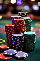 Stacks of colorful poker chips on green felt table with bokeh lights in background, capturing essence of casino gaming atmosphere and high stakes entertainment.