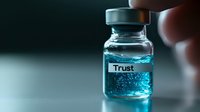 Medical vial with blue liquid labeled Trust against dark background, metaphor for confidence in healthcare and pharmaceutical industry solutions.