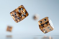 Metallic copper dice with black dots floating in air against light background, capturing moment of roll in casino game, showing dynamic motion and chance.