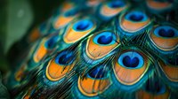 Vibrant peacock feathers in macro view showing iridescent blue and golden eye spots against dark background, natural pattern detail for luxury design.