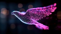 Glowing digital dove silhouette with particle effects in pink and purple neon colors against dark background with bokeh lights creates magical atmosphere.