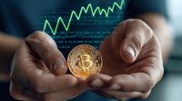 Glowing golden cryptocurrency coin held in hands with rising green market chart graph in background, symbolizing digital currency investment growth.