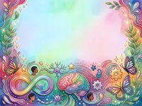 Colorful infinity symbol with brain, gears, and butterflies in vibrant gradient background. Whimsical border design for creative, educational, and inspirational projects.