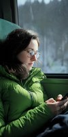 Young woman in green winter jacket using smartphone while traveling by train, snowy forest landscape visible through window.