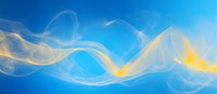 Ethereal golden and white smoke waves flowing gracefully against vibrant blue background, creating dynamic abstract pattern with soft luminous glow effect.