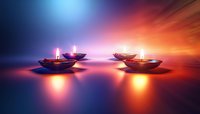 Glowing oil lamps with burning flames casting warm reflections against dramatic blue and orange background, creating spiritual ambiance for meditation and festive occasions.