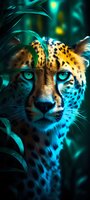 Mesmerizing cheetah portrait with turquoise eyes amid tropical foliage, dramatic lighting creates mystical atmosphere. Spotted wild cat in jungle setting with ethereal glow.