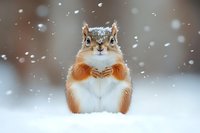 Adorable red squirrel sitting in snow with falling snowflakes, winter wildlife scene with fluffy tail and alert expression for nature photography.