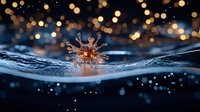 Delicate snowflake crystal floating on water surface with golden bokeh lights creating magical winter atmosphere against dark blue background.