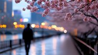 Cherry blossom branches frame blurred silhouette walking along waterfront promenade at dusk with city lights reflecting on water creating romantic urban scene.