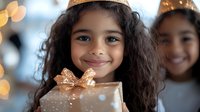 Young Hispanic girl with curly dark hair holding wrapped present with gold bow, smiling warmly during holiday celebration with bokeh lights in background.