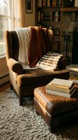 Cozy reading corner with vintage armchair, knitted blankets, books and warm sunlight streaming through window creating inviting home library atmosphere.